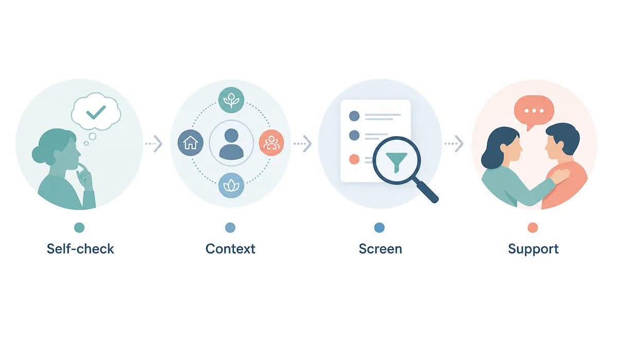 Borderline spectrum test result next steps flow from self-check to context screening and support