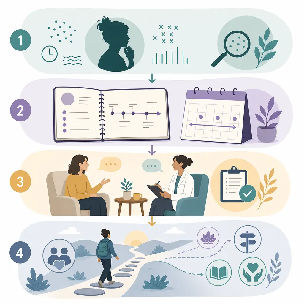 Editorial four-step illustration showing pattern notes, a timeline, a clinical conversation, and individualized support choices