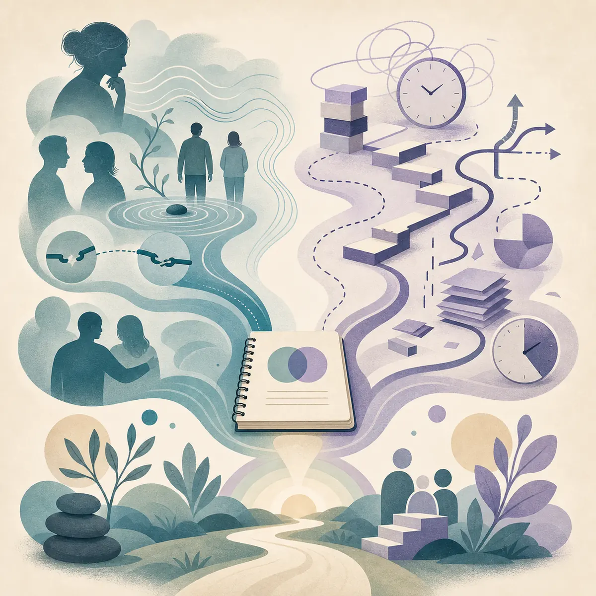 Calm editorial illustration showing BPD-related relationship patterns and ADHD-related attention strain meeting in a neutral assessment pathway