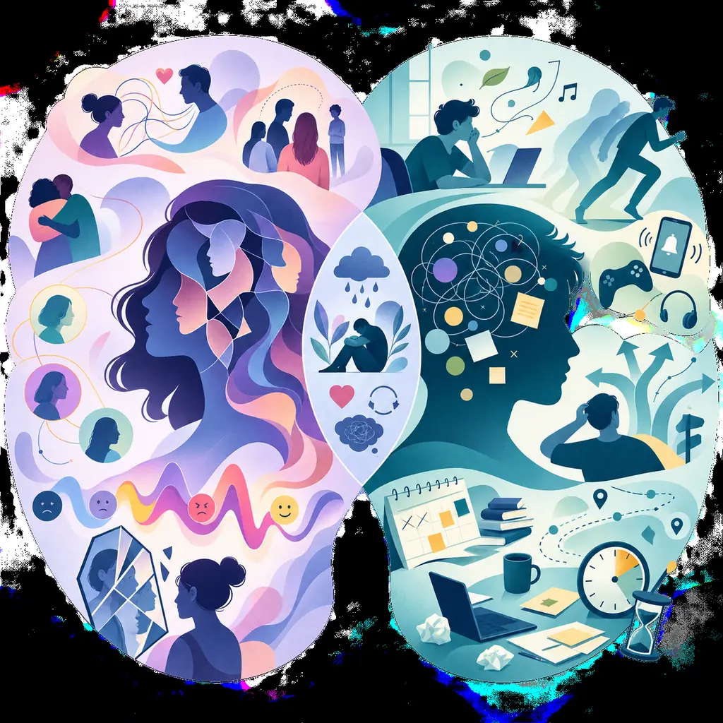 Editorial comparison illustration showing relationship and identity themes beside attention and executive-function themes with a shared overlap