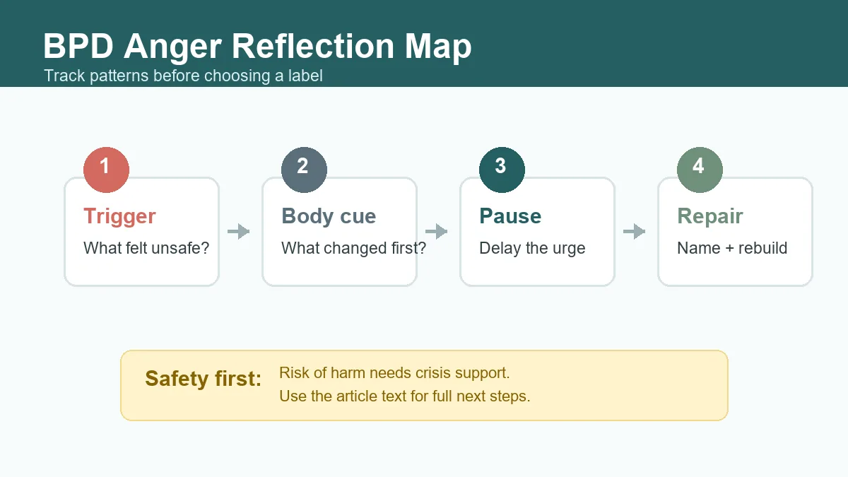 BPD anger test trigger map showing trigger, body cues, pause, and repair steps