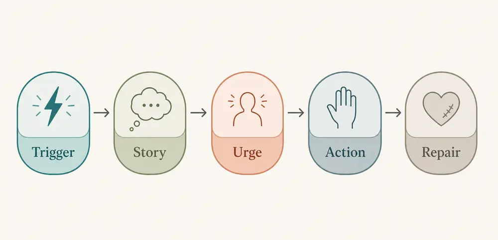 Five-step BPD favorite person reflection flow showing trigger story urge action and repair