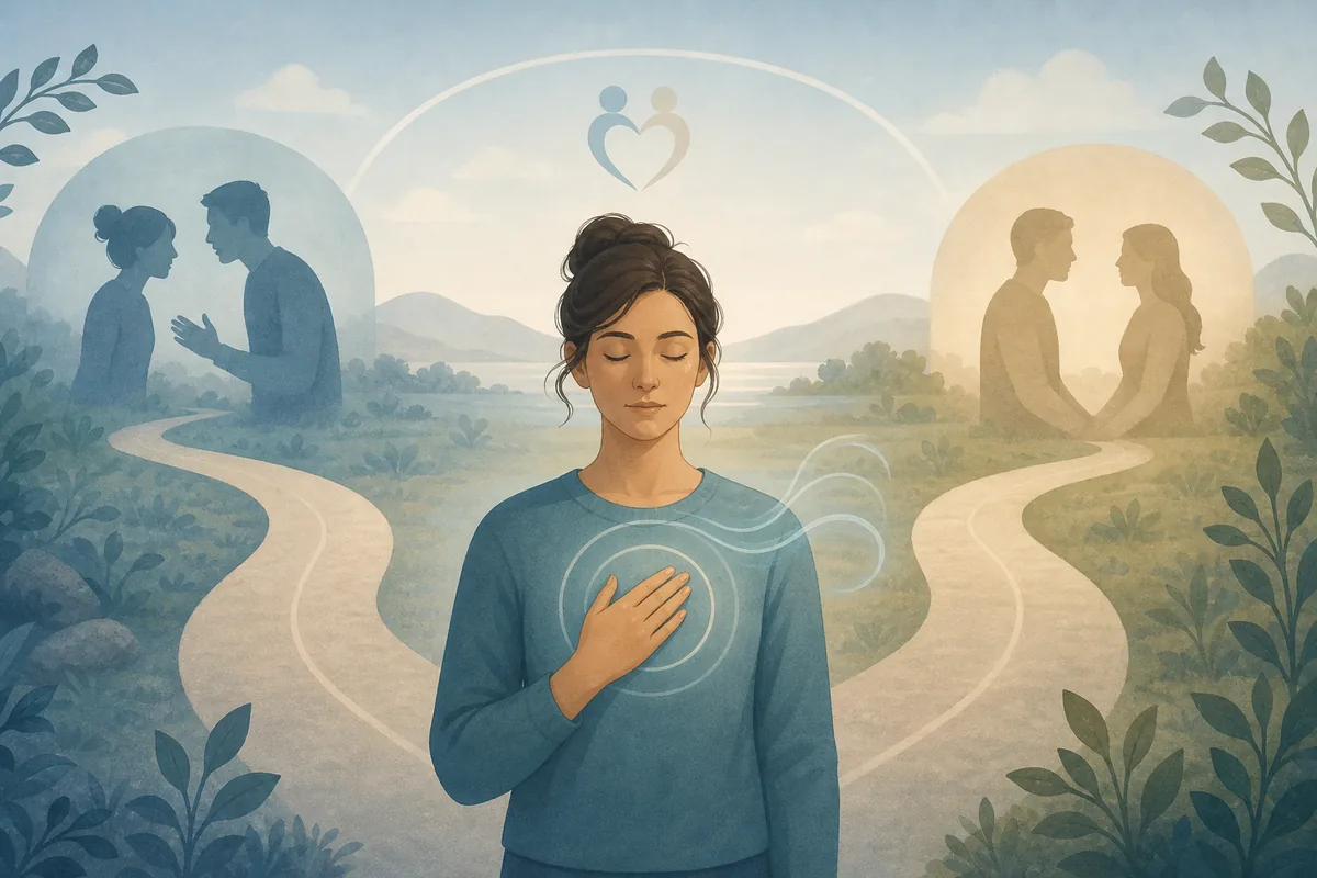Editorial illustration of pausing and breathing before responding to abandonment fear