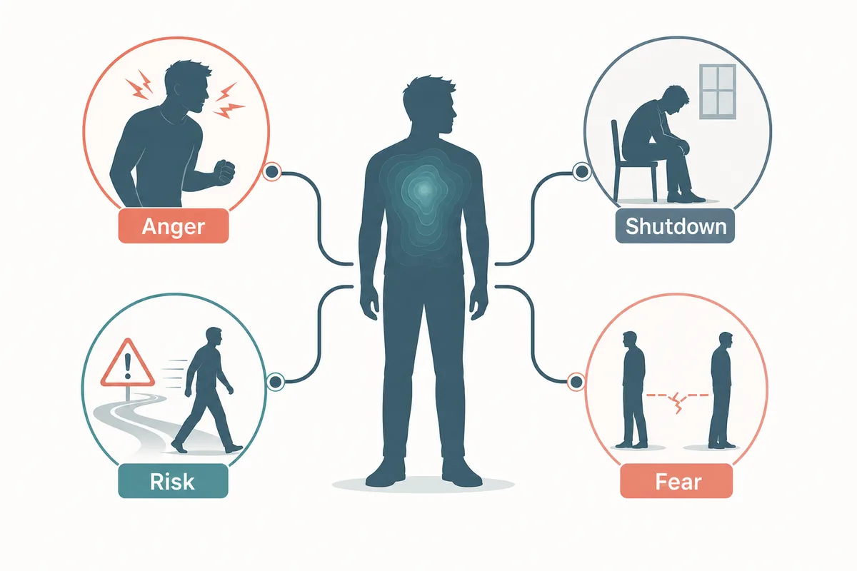 Editorial diagram showing possible BPD patterns in men including anger shutdown risk and fear