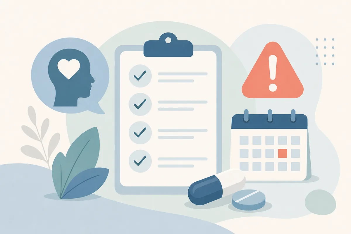 Neutral checklist-style medical illustration for questions to ask before BPD medication