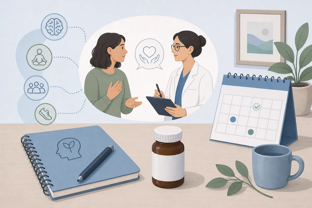 Calm editorial illustration of a clinician and patient discussing a BPD medication treatment plan