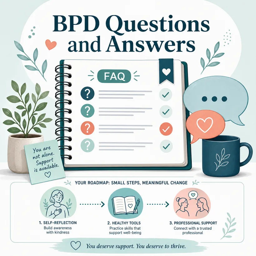 BPD questions and answers FAQ notebook with checkmarks and a support roadmap