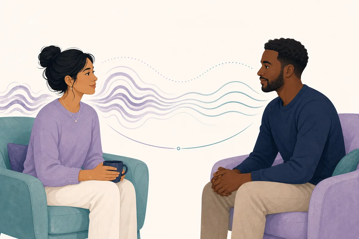 Editorial illustration of two adults having a calm conversation about an emotionally intense relationship