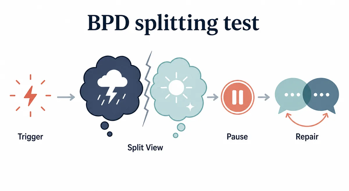 BPD splitting test reflection map showing trigger, split view, pause, and repair