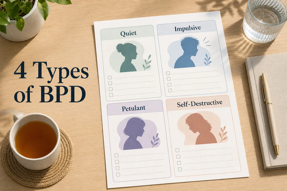 Four types of BPD worksheet comparing quiet, impulsive, petulant, and self-destructive patterns