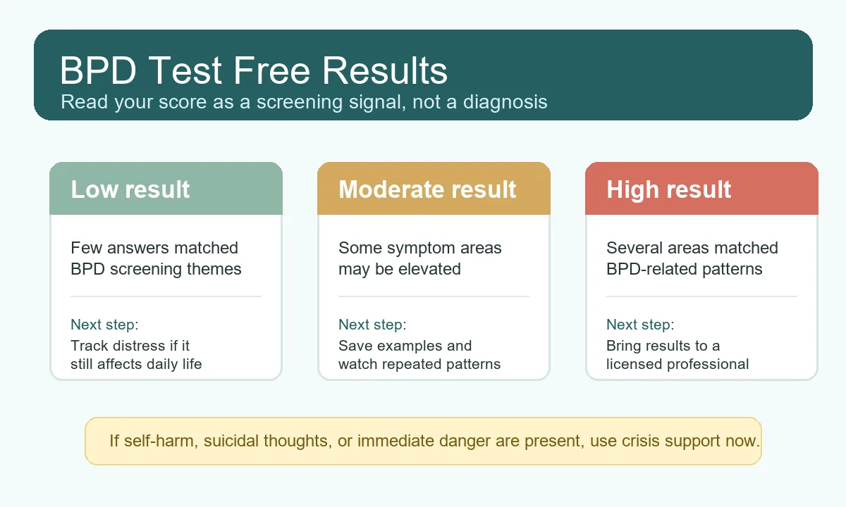 BPD test free results score guide showing low moderate and high screening result next steps