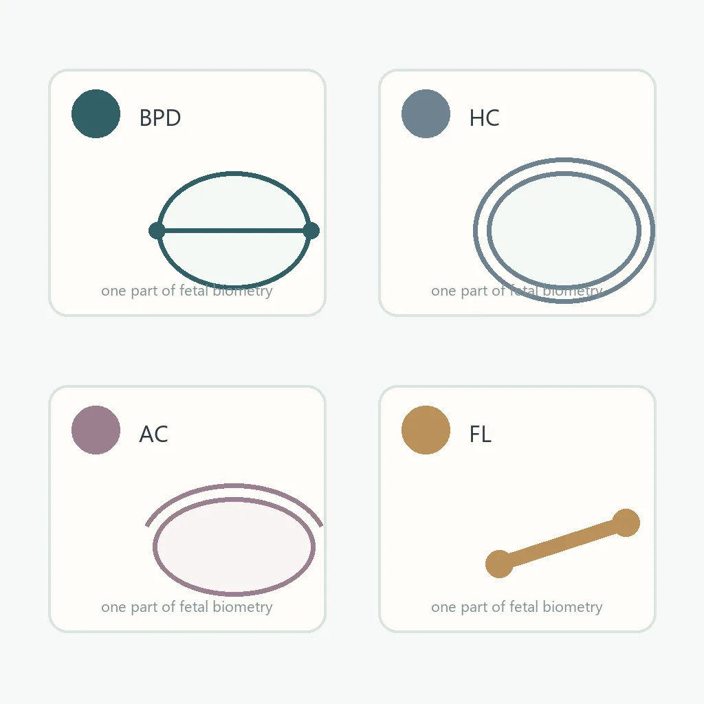 Editorial diagram comparing BPD, head circumference, abdominal circumference, and femur length measurements