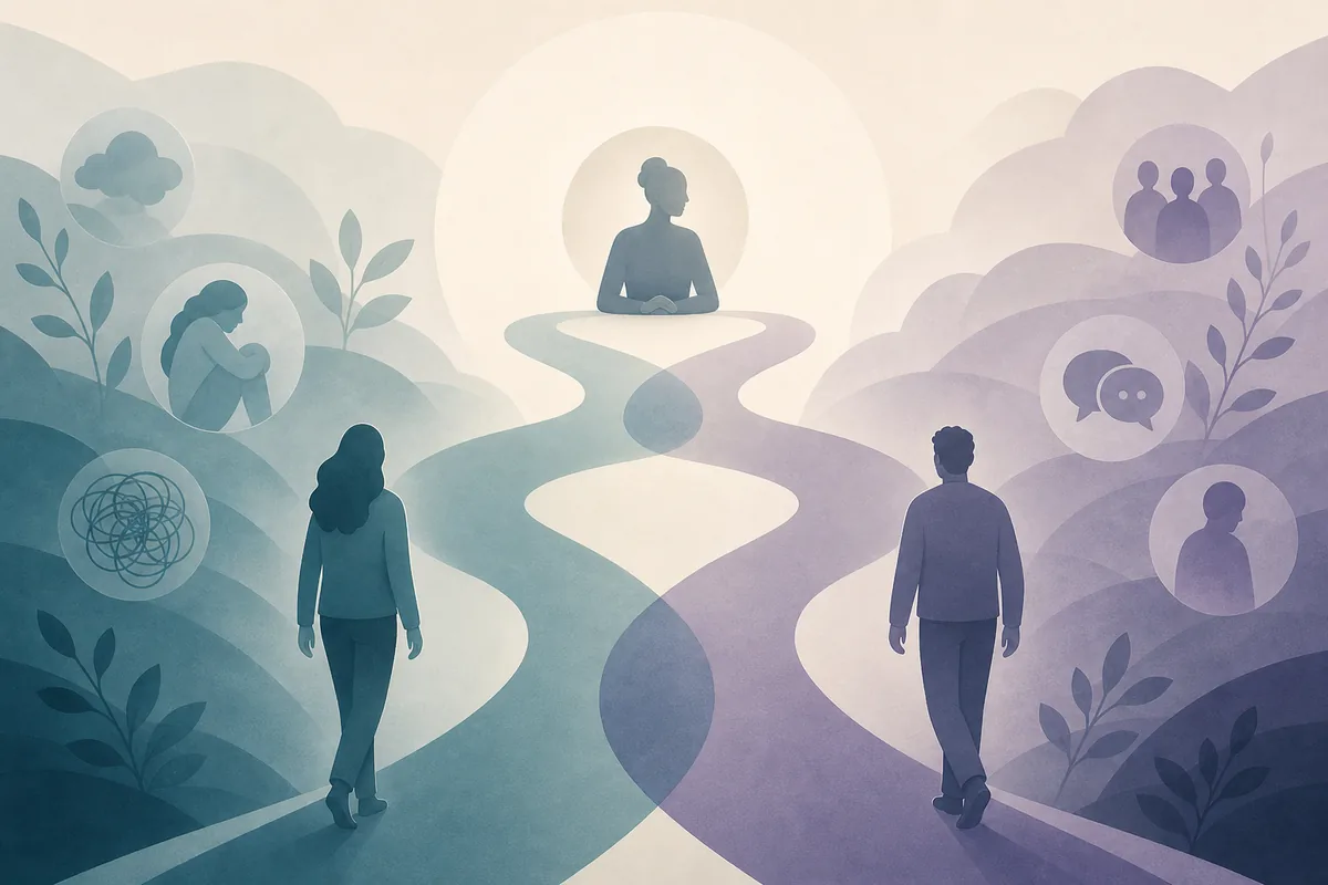 Editorial illustration of two different pathways with overlapping areas leading toward a neutral professional evaluation