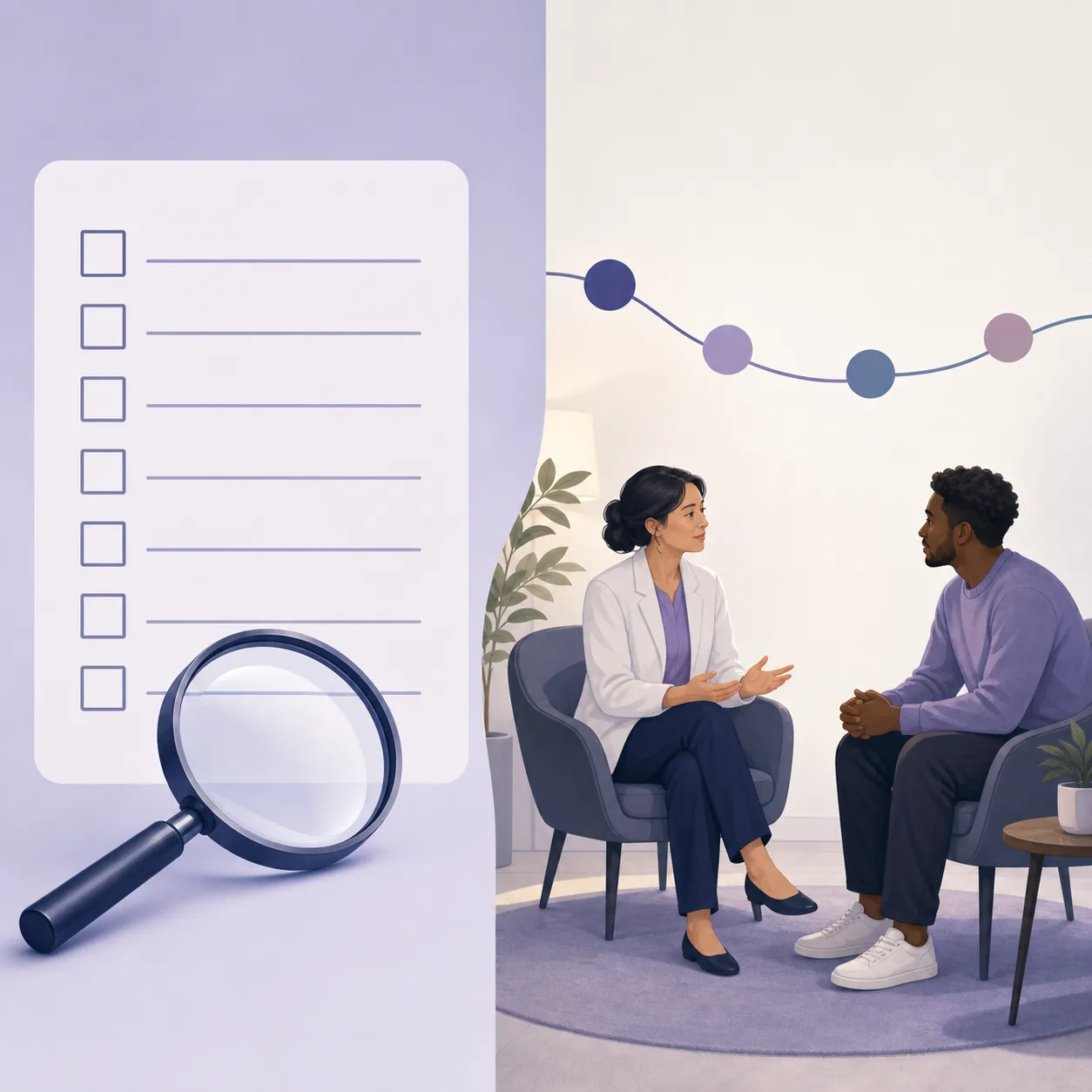 Text-free illustration comparing an online self-screening checklist with a contextual professional conversation