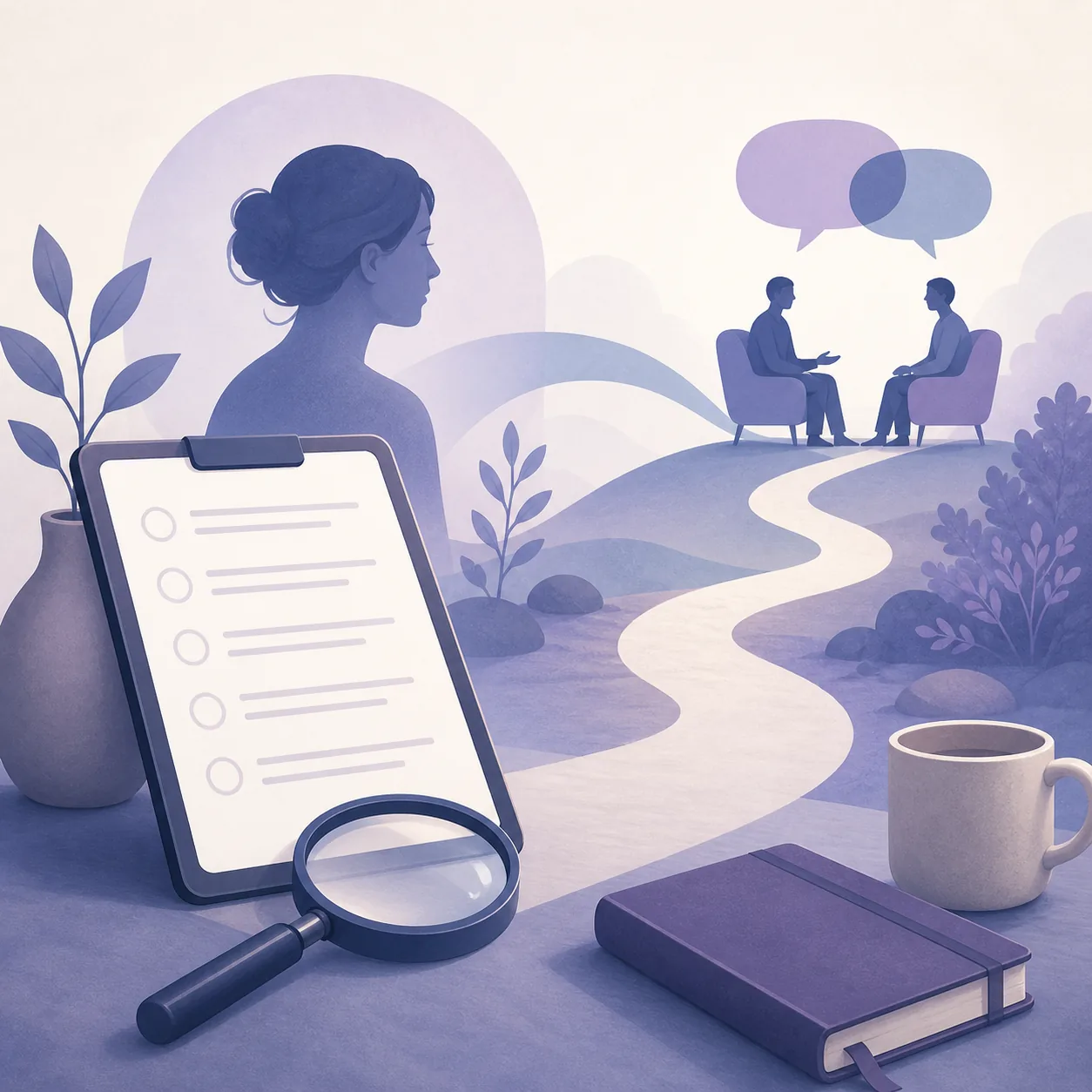 Editorial illustration of an online BPD questionnaire being reviewed before a professional conversation