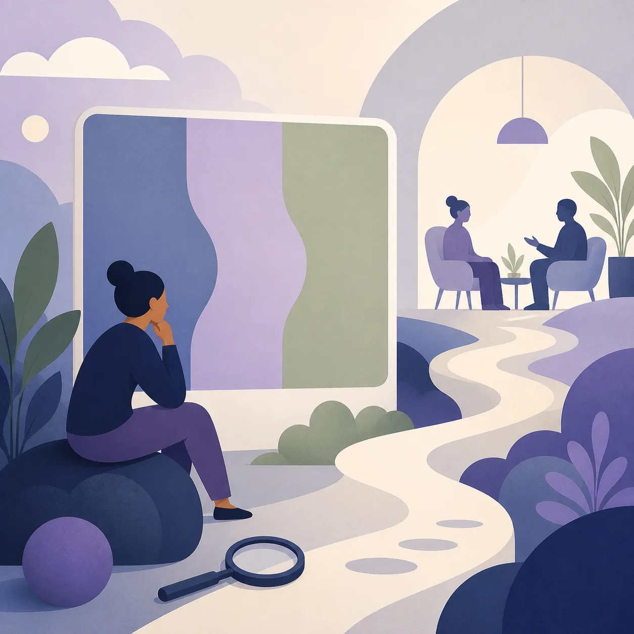 Editorial illustration of a person reflecting on an abstract result before a supportive professional conversation