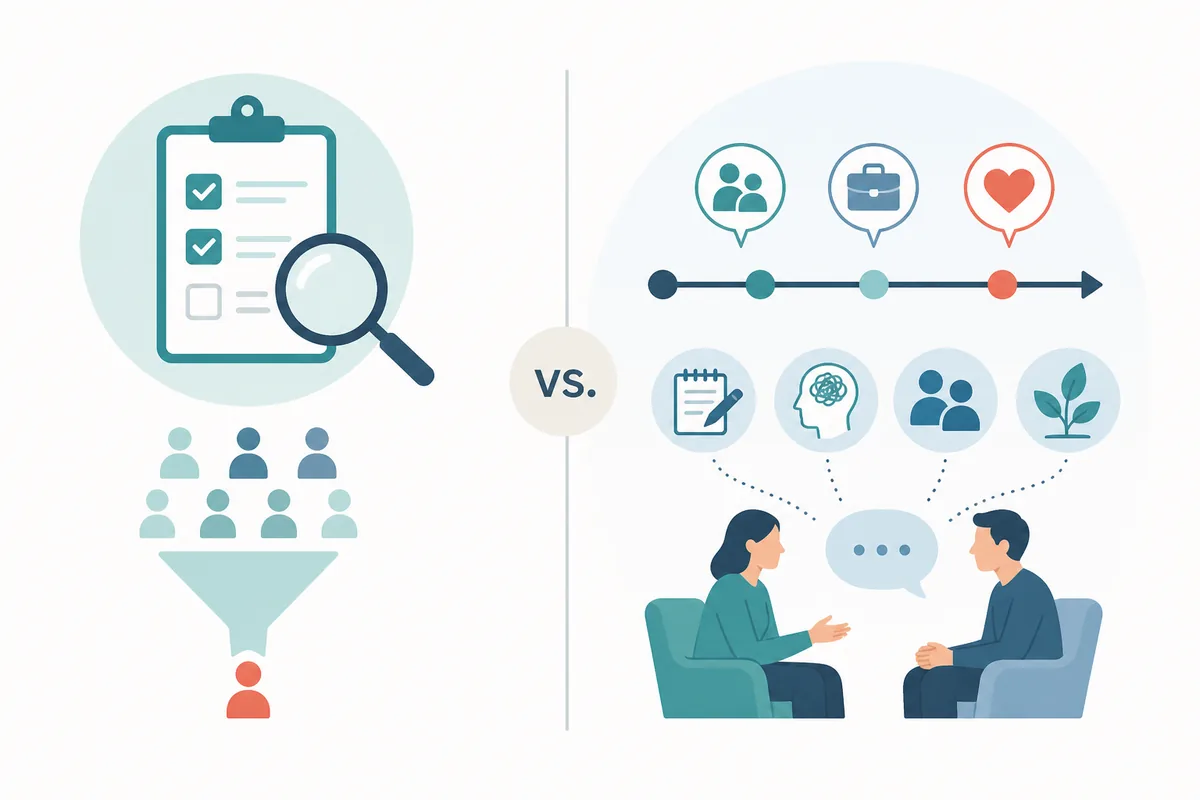 Editorial comparison of a personality disorder screening checklist and a fuller professional assessment conversation