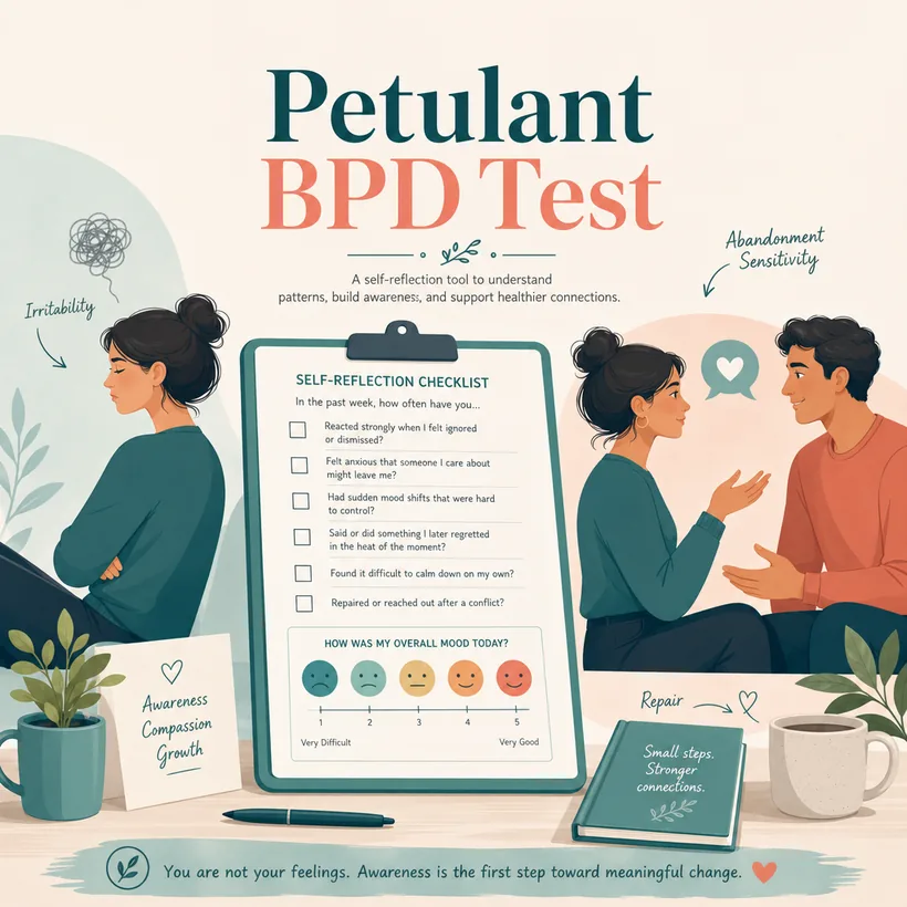 Self-reflection worksheet for a petulant BPD test with mood scale and relationship checkboxes