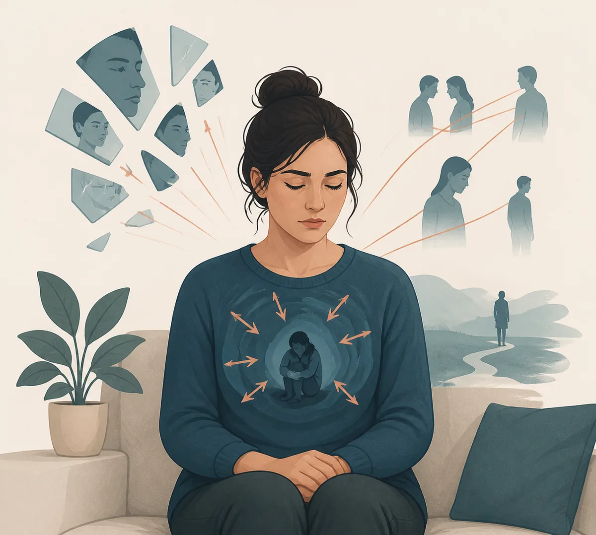Calm editorial illustration of quiet BPD symptoms appearing as internal emotional strain beneath an outwardly composed posture