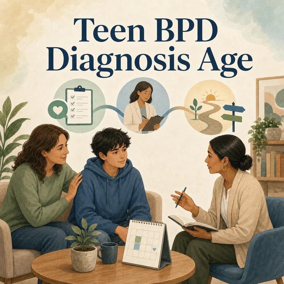 Teen BPD diagnosis age guide showing a teen, caregiver, and clinician reviewing screening and next steps